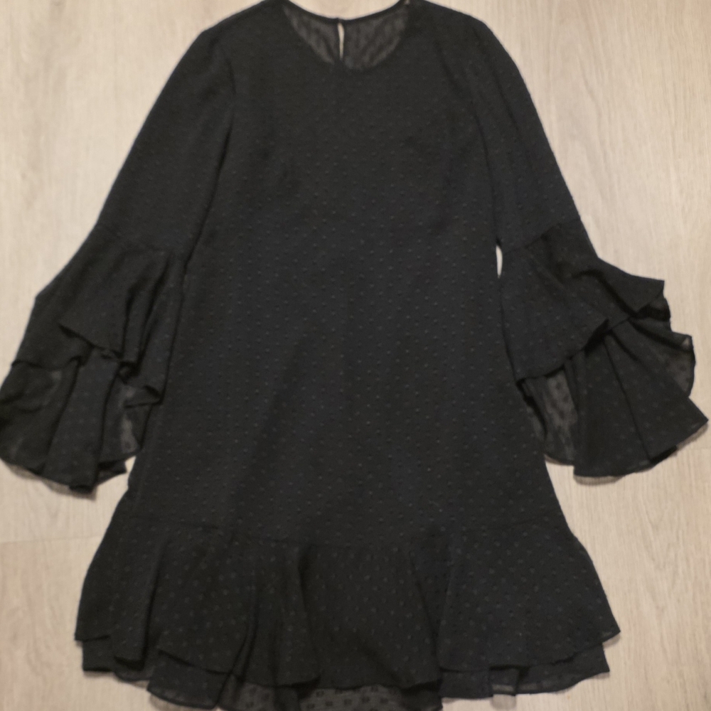 Vince Camuto Black Dress with Subtle Texture, Bell Sleeves 3/4 and Flounces